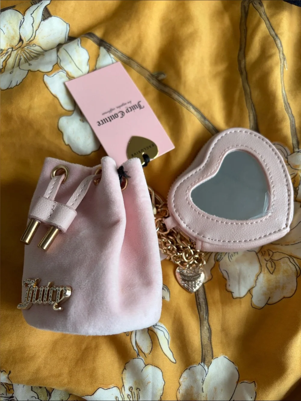 Juicy Couture Light Pink Velvet Drawstring Pouch with Heart Mirror Charm